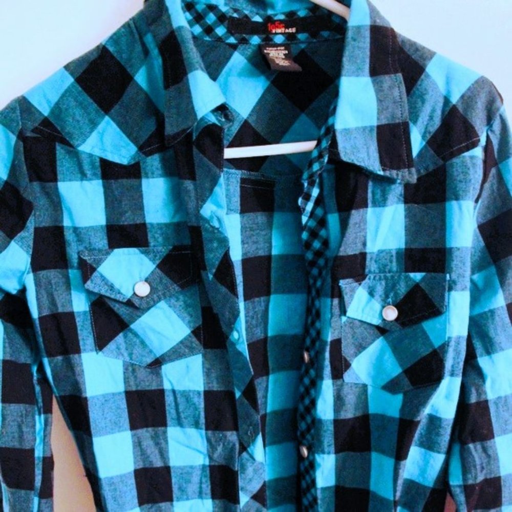1955 Vintage Western Blue Buffalo Plaid Cotton Shirt Size S
